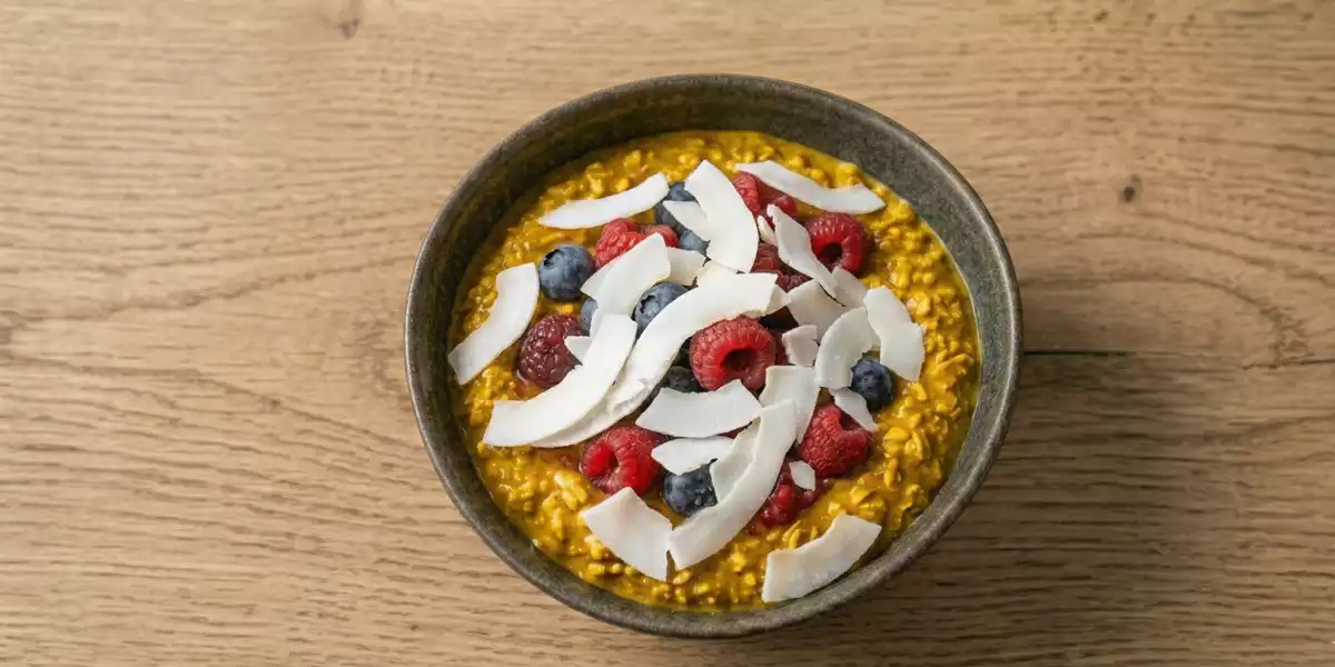 Overnight oats speziati con frutti rossi e chips di cocco