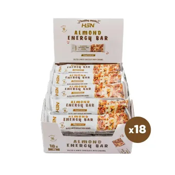 Confezione almond energy bar 18x40g mandorle salata con cioccolato bianco e caramello